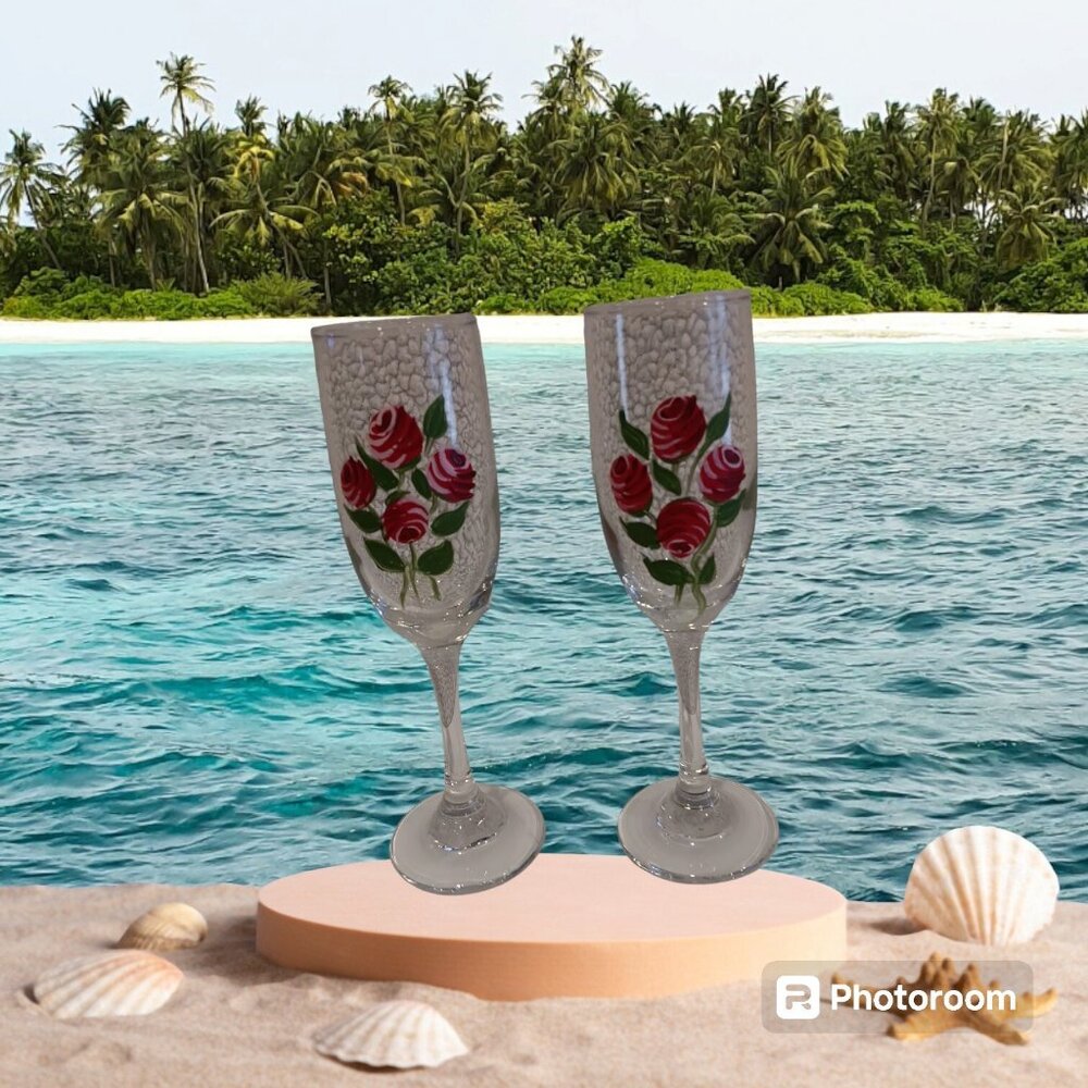 8" Hand Painted Wine Glasses – Roses – Romantic Set of 2 - Picture 2 of 8